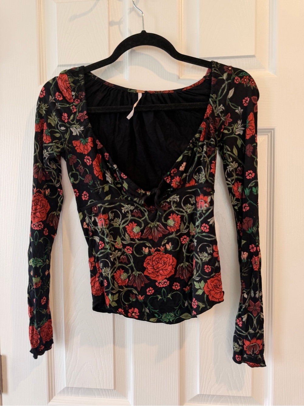 Free People Black Long-Sleeve V-Neck Top with Red Rose Print